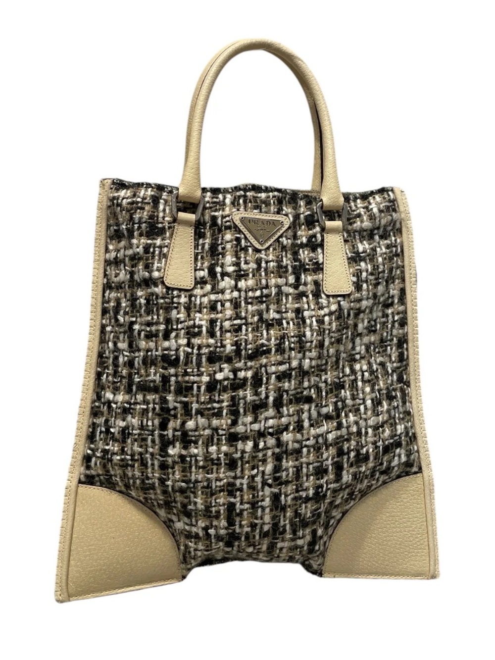 Prada Tweed Tote with Beige Leather Trim